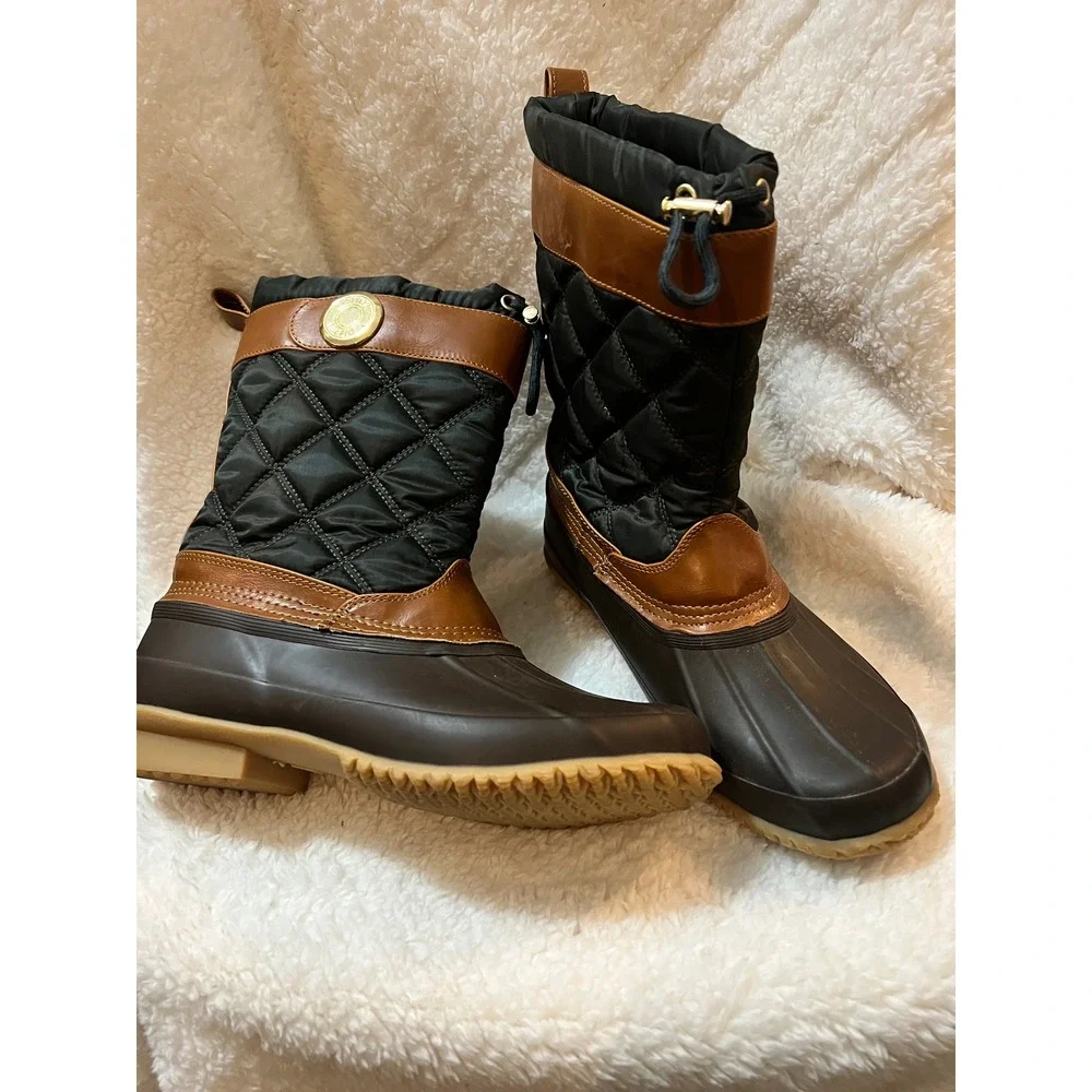 Tommy Hilfiger Arcadia Black Quilted Duck Boots Womens 8 Winter Snow Rain Brown